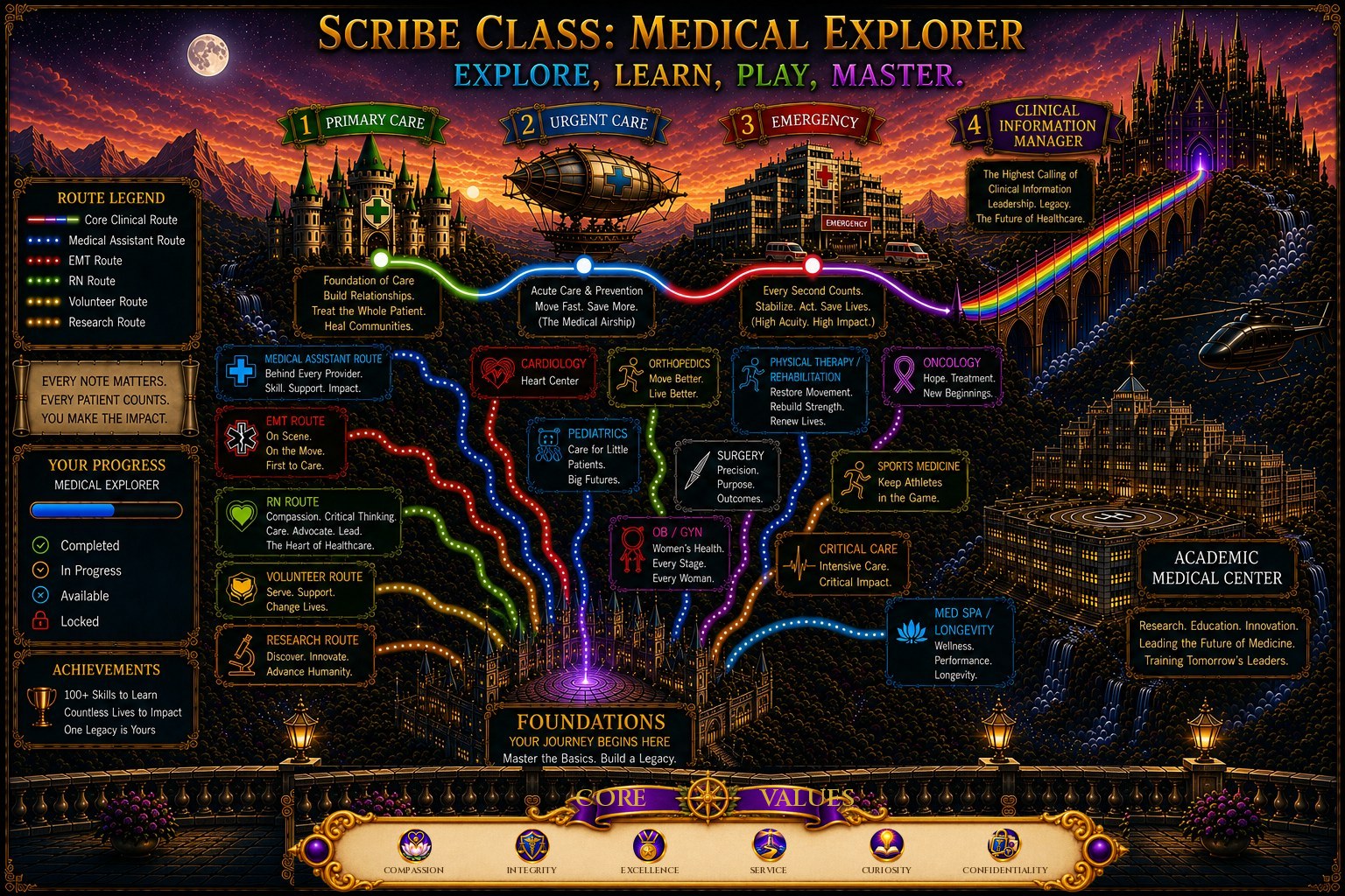 An illustrated map of the Scribe Class world: four tiers from Primary Care through Urgent Care and Emergency to the CIM Academy, with colored routes for the medical assistant, EMT, nurse, volunteer and research paths, and a row of Life Explorer side-quest worlds along the foot.